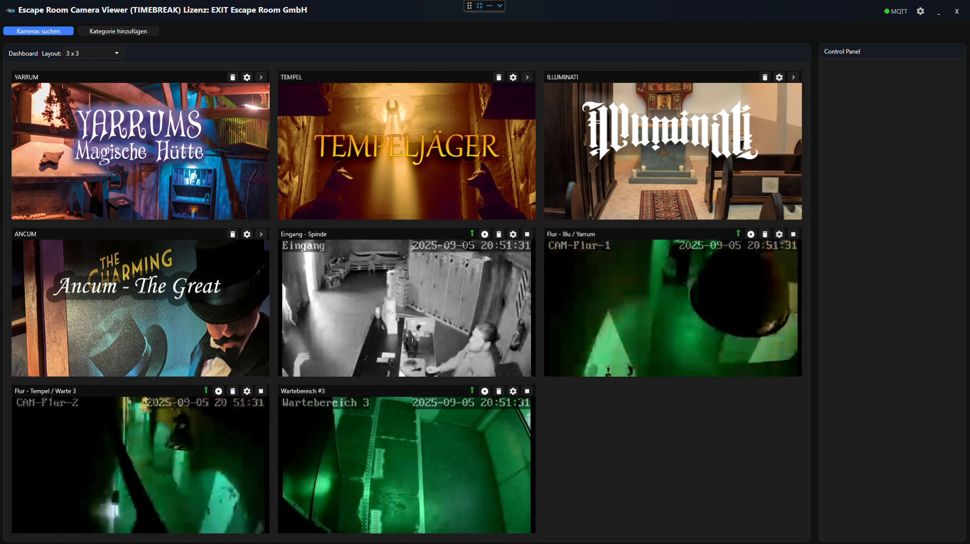 ESCAPE ROOM Camera Viewer dashboard showing a grid of live camera feeds